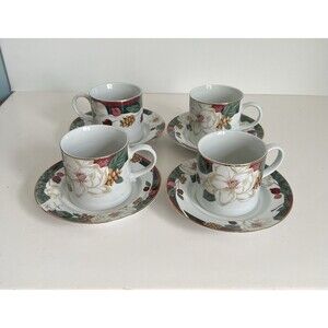 Tienshan Magnolia Fine China 8 piece set of 4 Cups and 4 Saucers